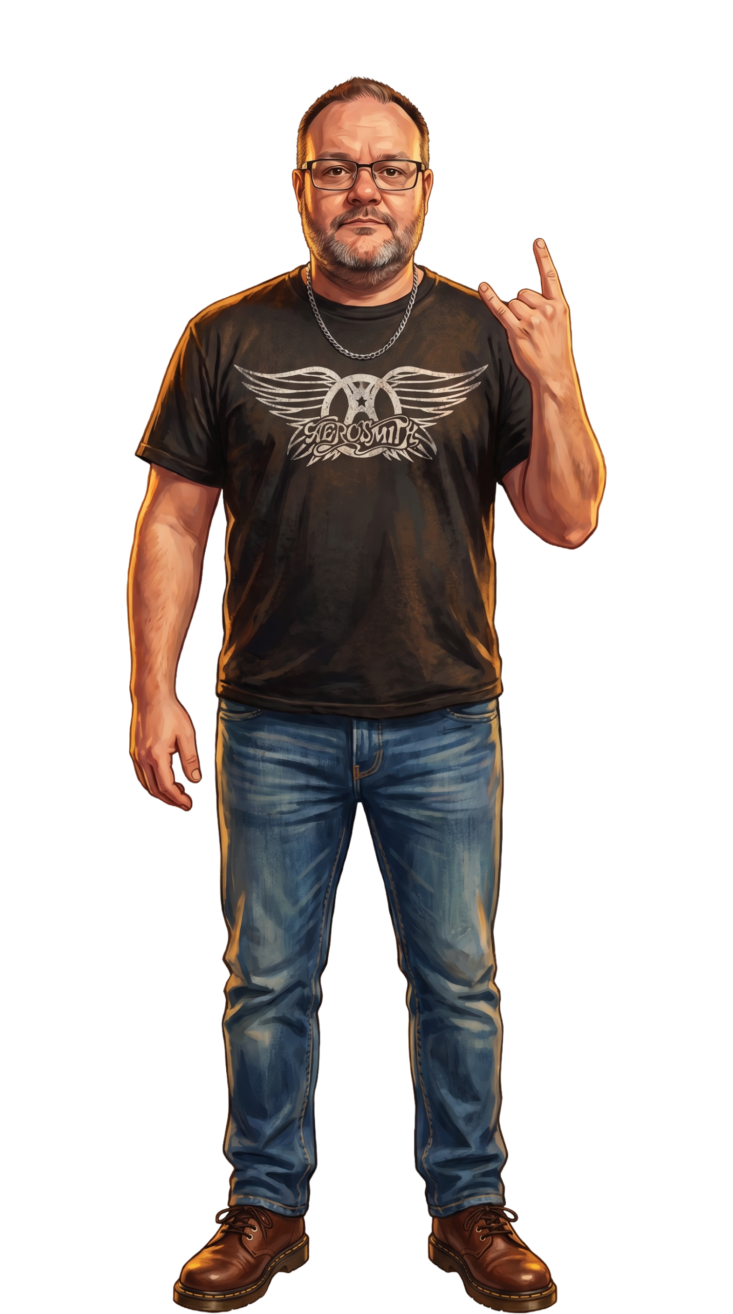 Mike standing with fingers in a rock n roll pose