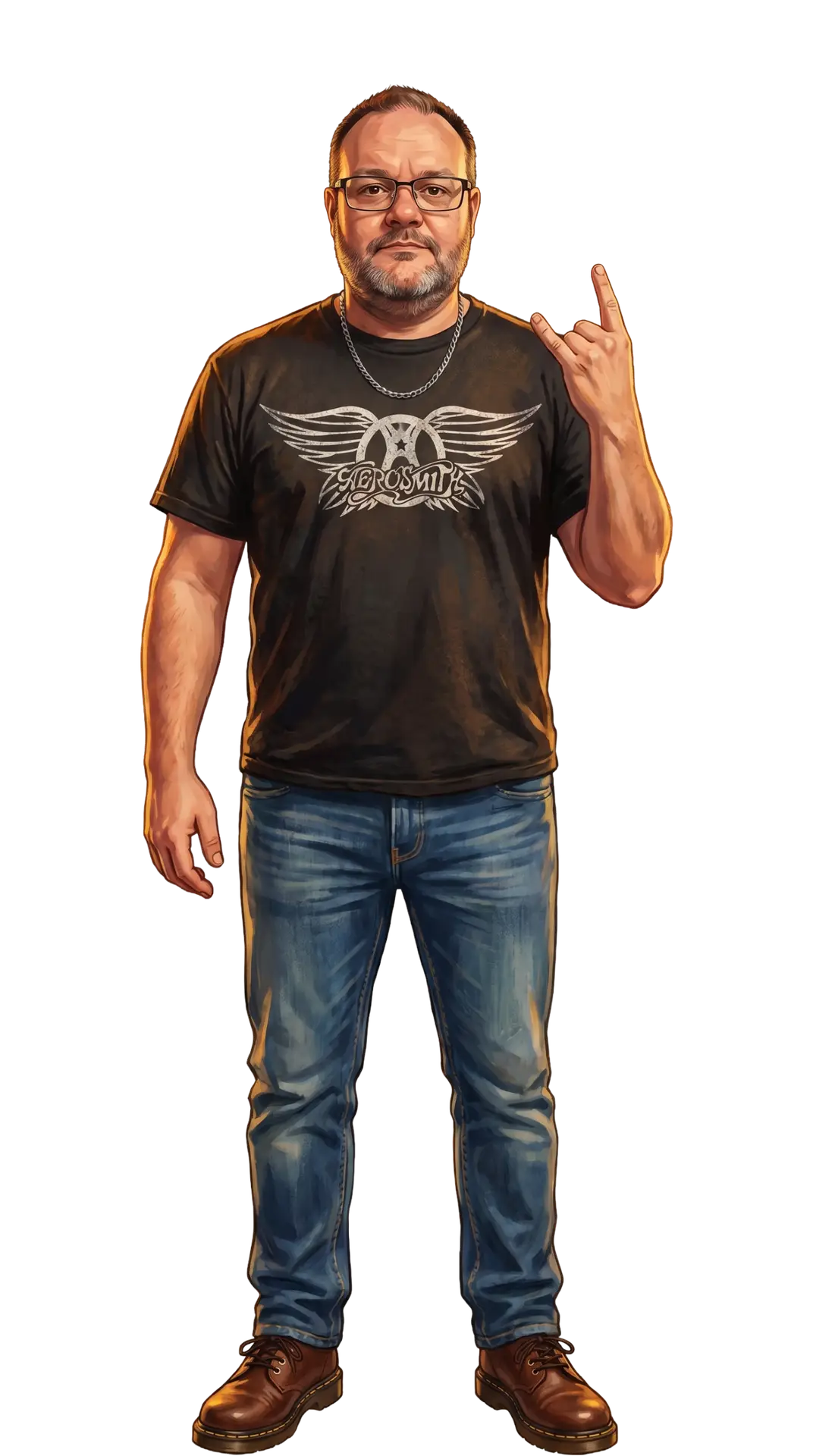 Mike standing with fingers in a rock n roll pose